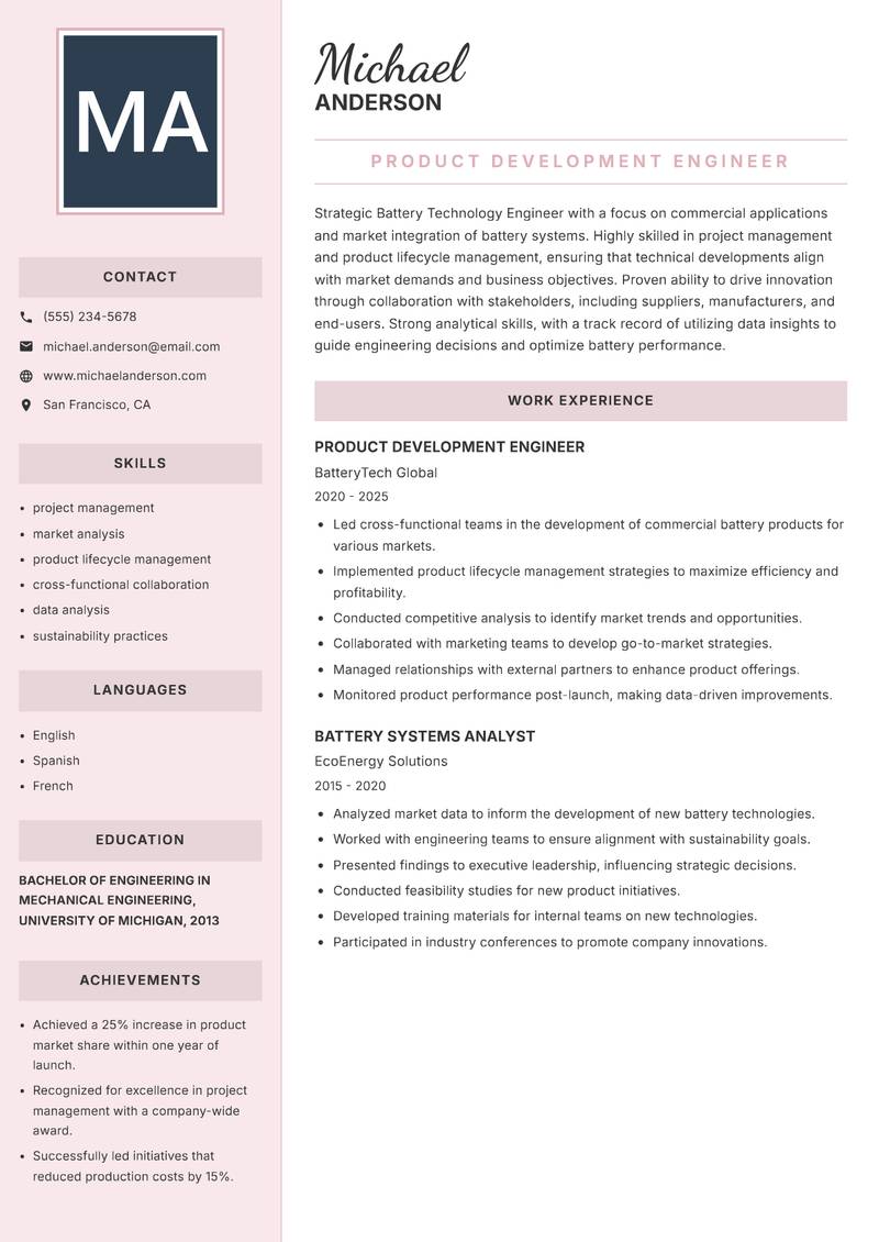 Battery Technology Engineer resume sample — Product Development Engineer focus