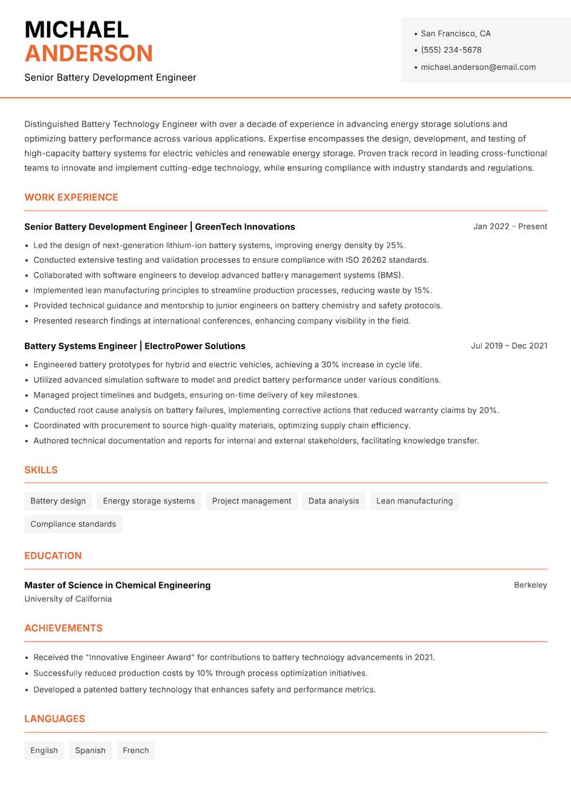 Battery Technology Engineer resume sample — Senior Battery Development Engineer focus