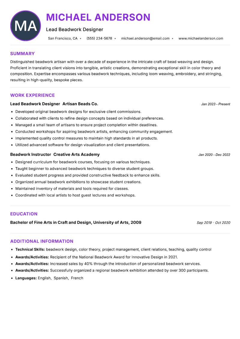 Beadwork Artisan resume example