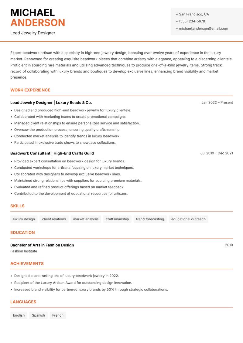 Beadwork Artisan resume sample — Lead Jewelry Designer focus