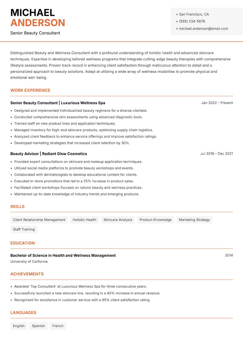Beauty and Wellness Consultant resume sample — Senior Beauty Consultant focus