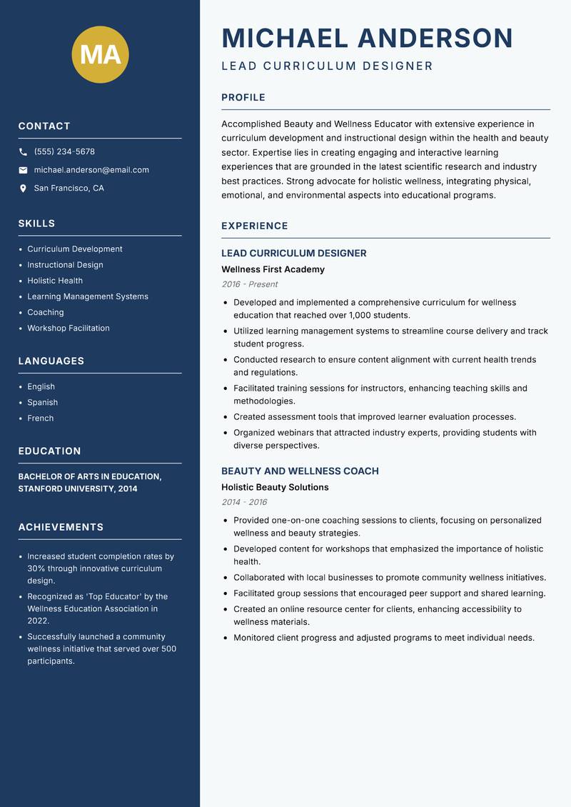 Beauty and Wellness Educator resume sample — Lead Curriculum Designer focus