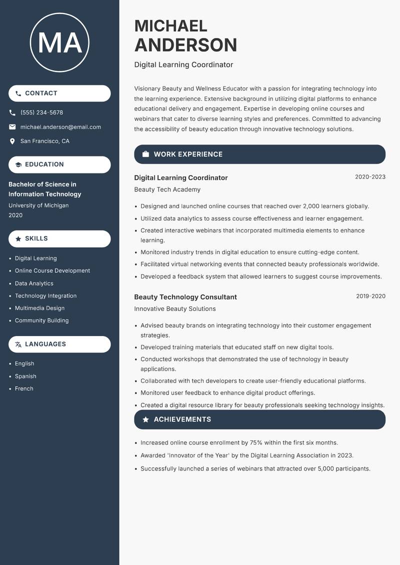 Beauty and Wellness Educator resume sample — Digital Learning Coordinator focus