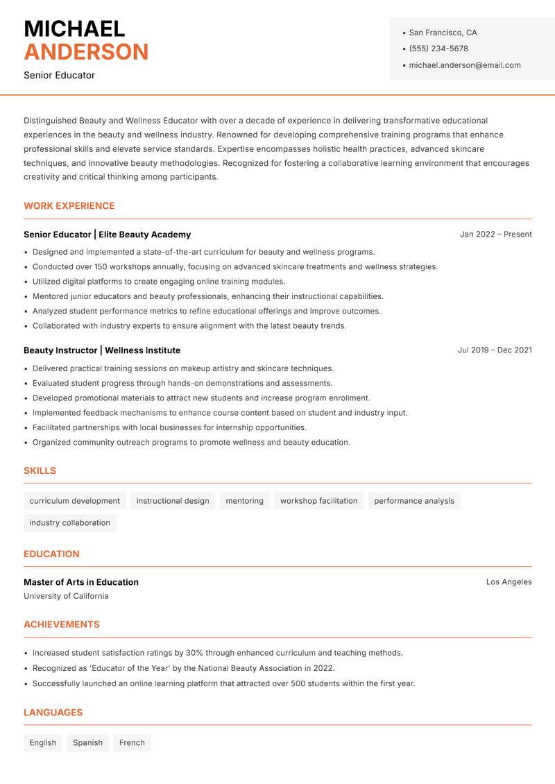 Beauty and Wellness Educator resume sample — Senior Educator focus
