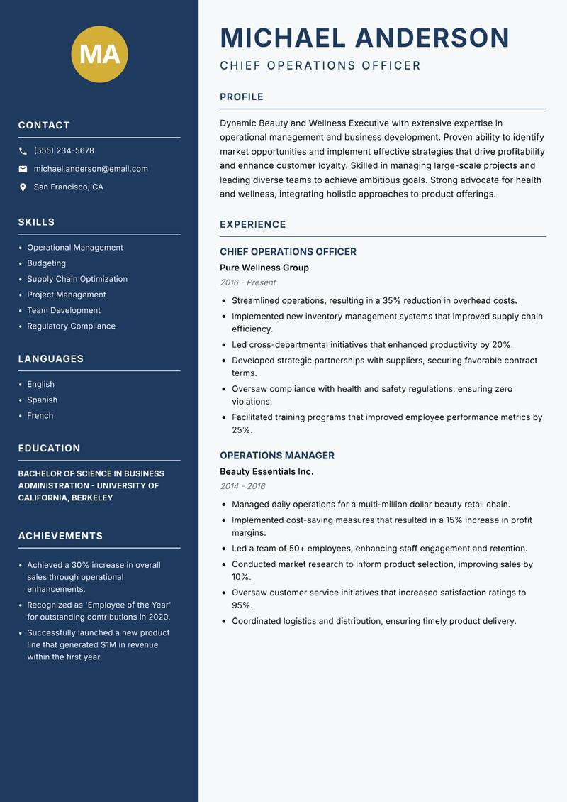 Beauty and Wellness Executive resume sample — Chief Operations Officer focus