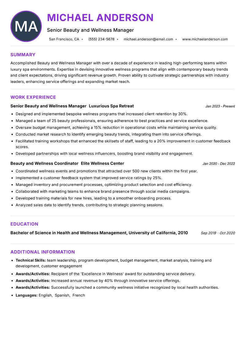 Beauty and Wellness Manager resume example