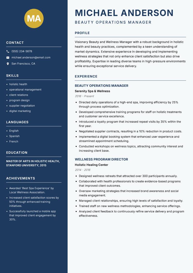 Beauty and Wellness Manager resume sample — Beauty Operations Manager focus