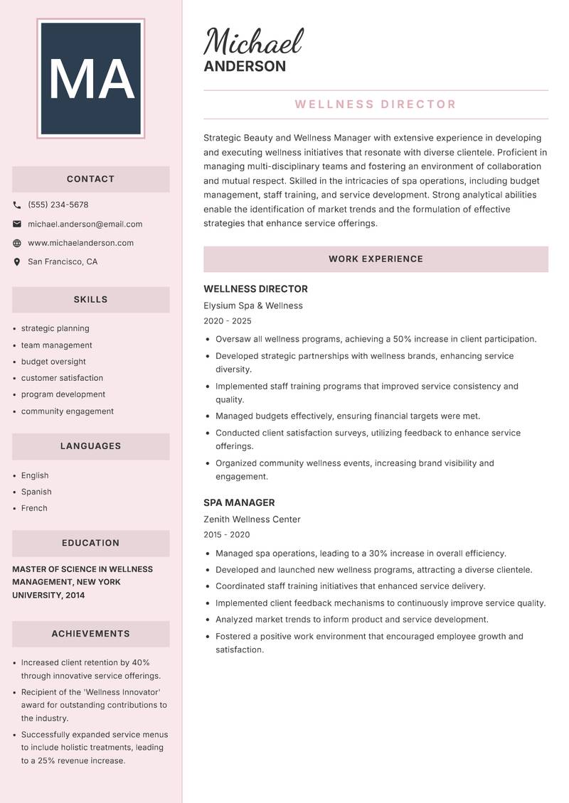 Beauty and Wellness Manager resume sample — Wellness Director focus