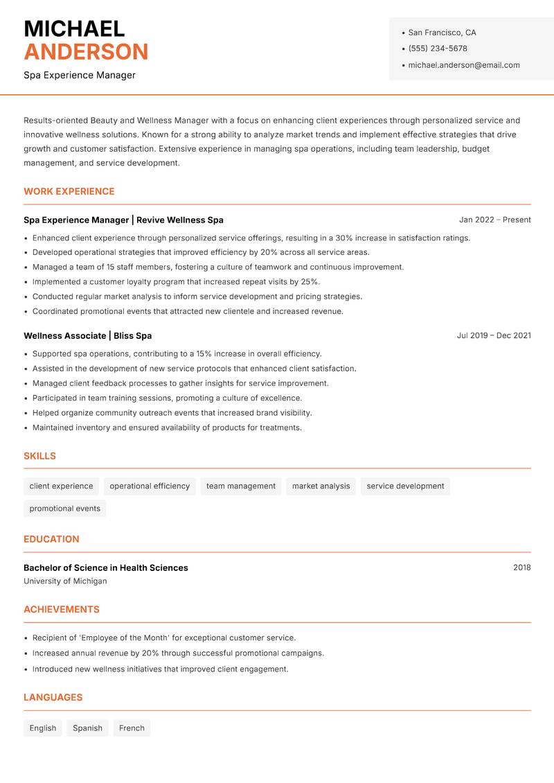 Beauty and Wellness Manager resume sample — Spa Experience Manager focus