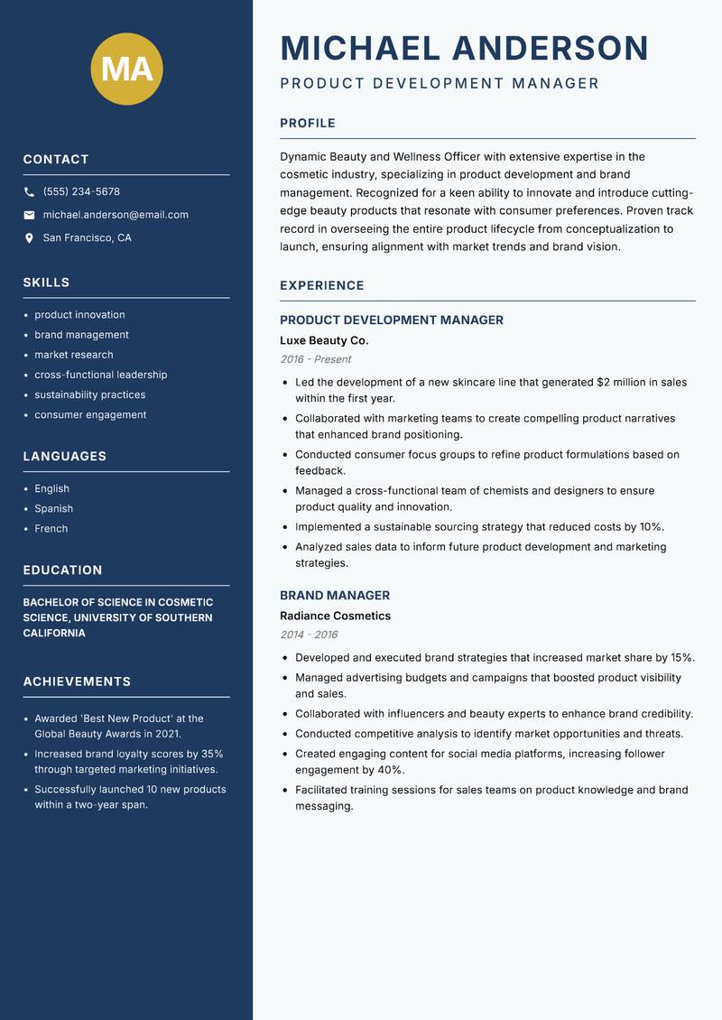 Beauty and Wellness Officer resume sample — Product Development Manager focus