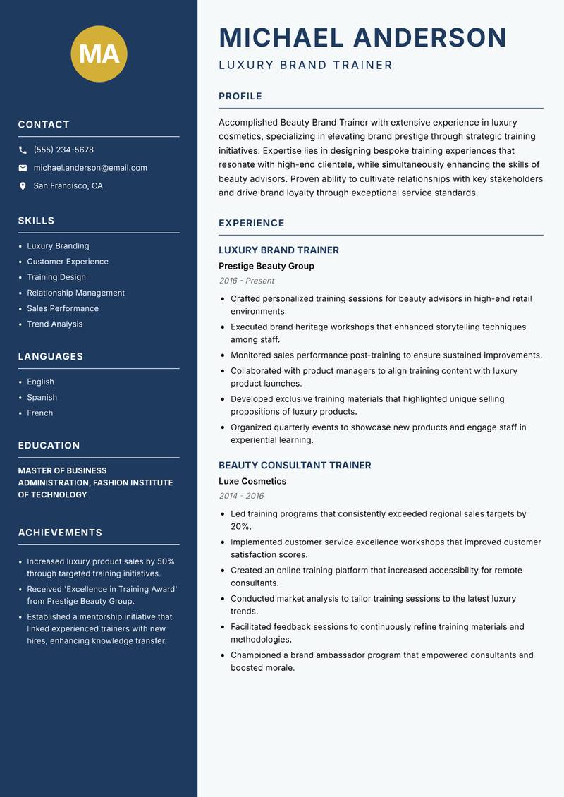 Beauty Brand Trainer resume sample — Luxury Brand Trainer focus