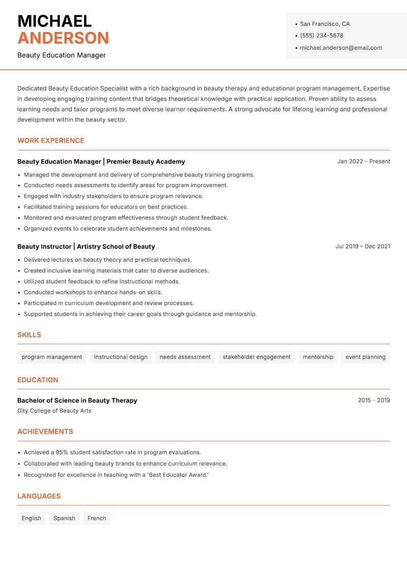 Beauty Education Specialist resume sample — Beauty Education Manager focus