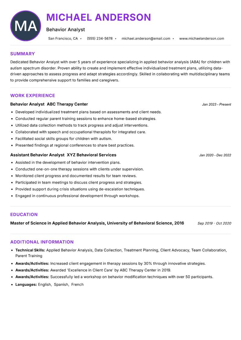 Behavior Analyst resume example