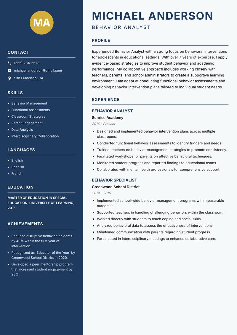 Behavior Analyst resume sample — Behavior Analyst focus