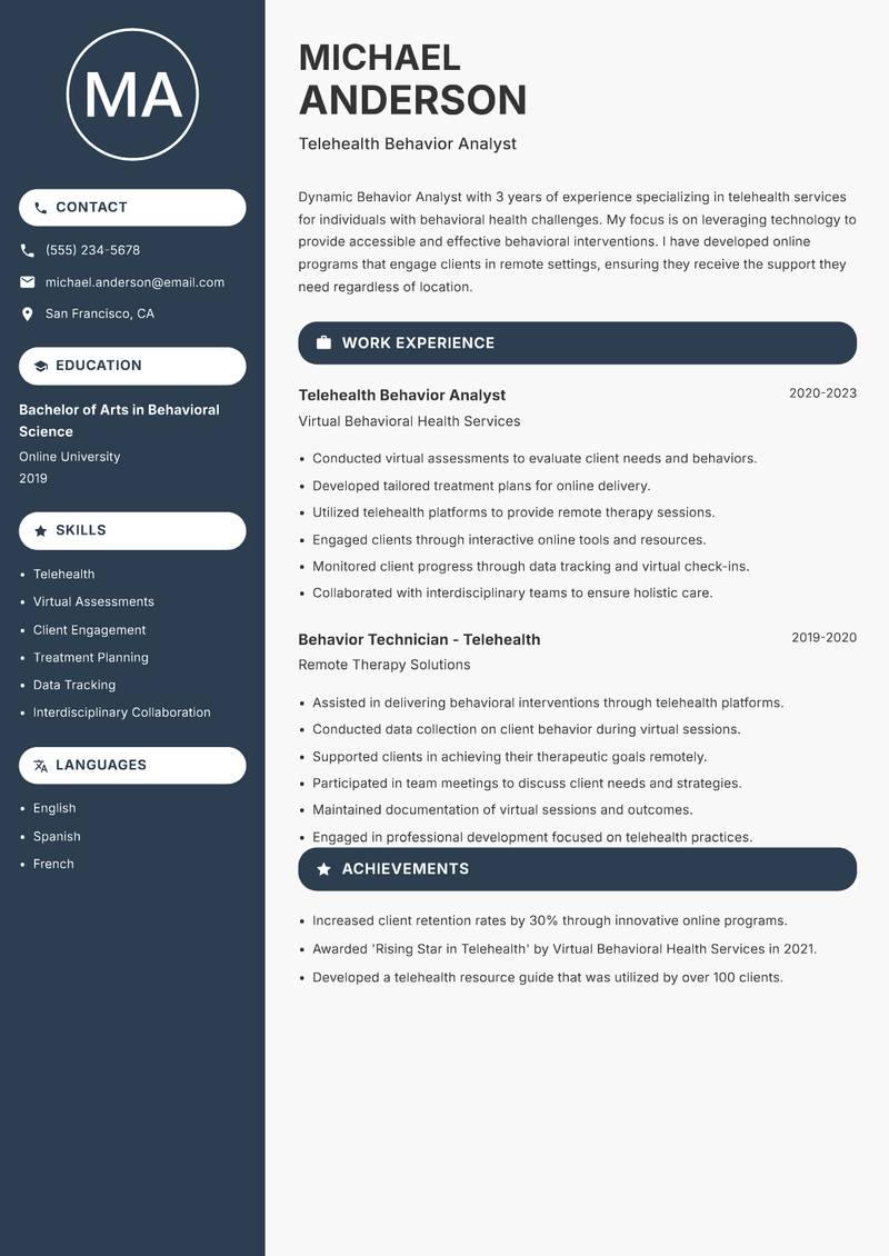 Behavior Analyst resume sample — Telehealth Behavior Analyst focus