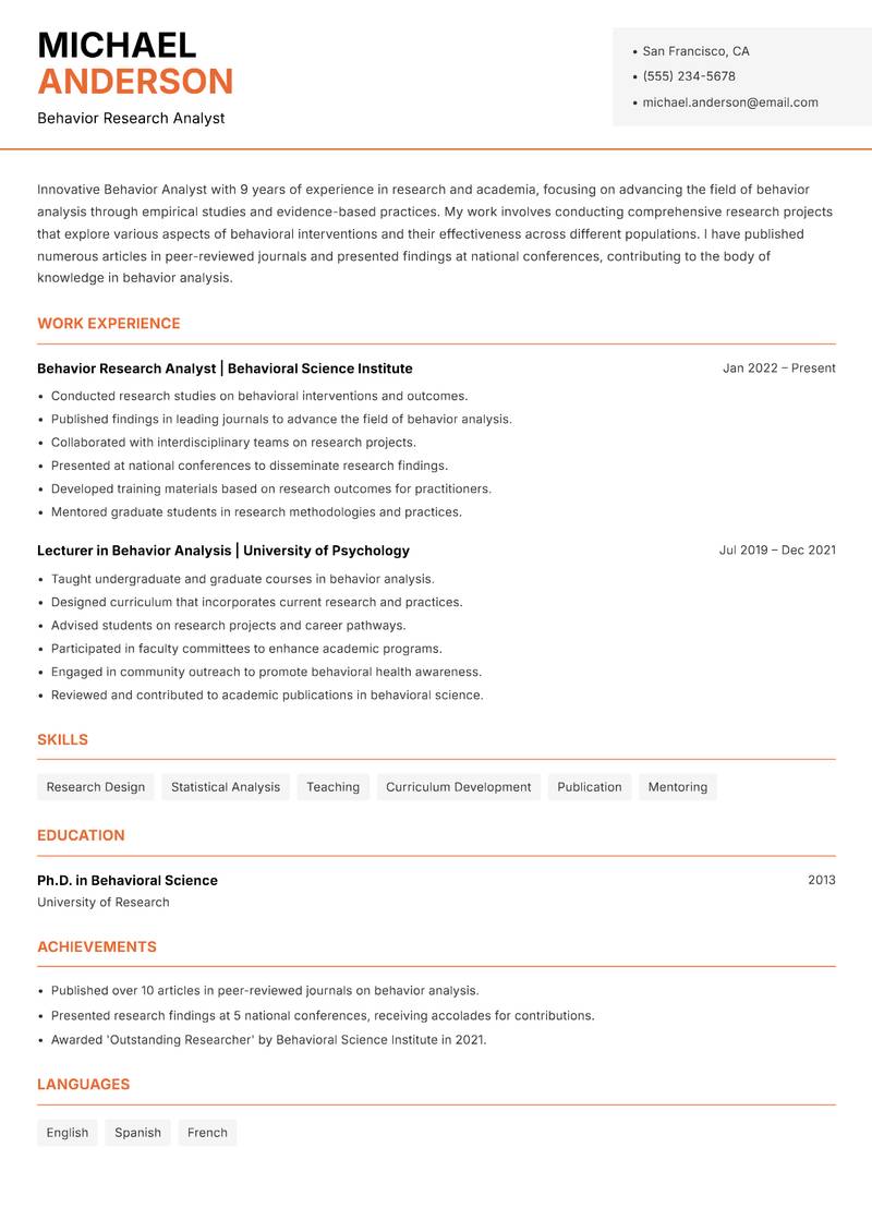 Behavior Analyst resume sample — Behavior Research Analyst focus