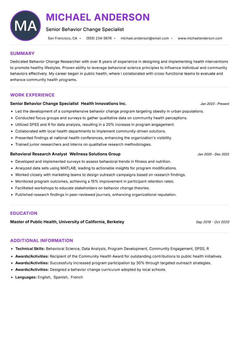 Behavior Change Researcher resume example