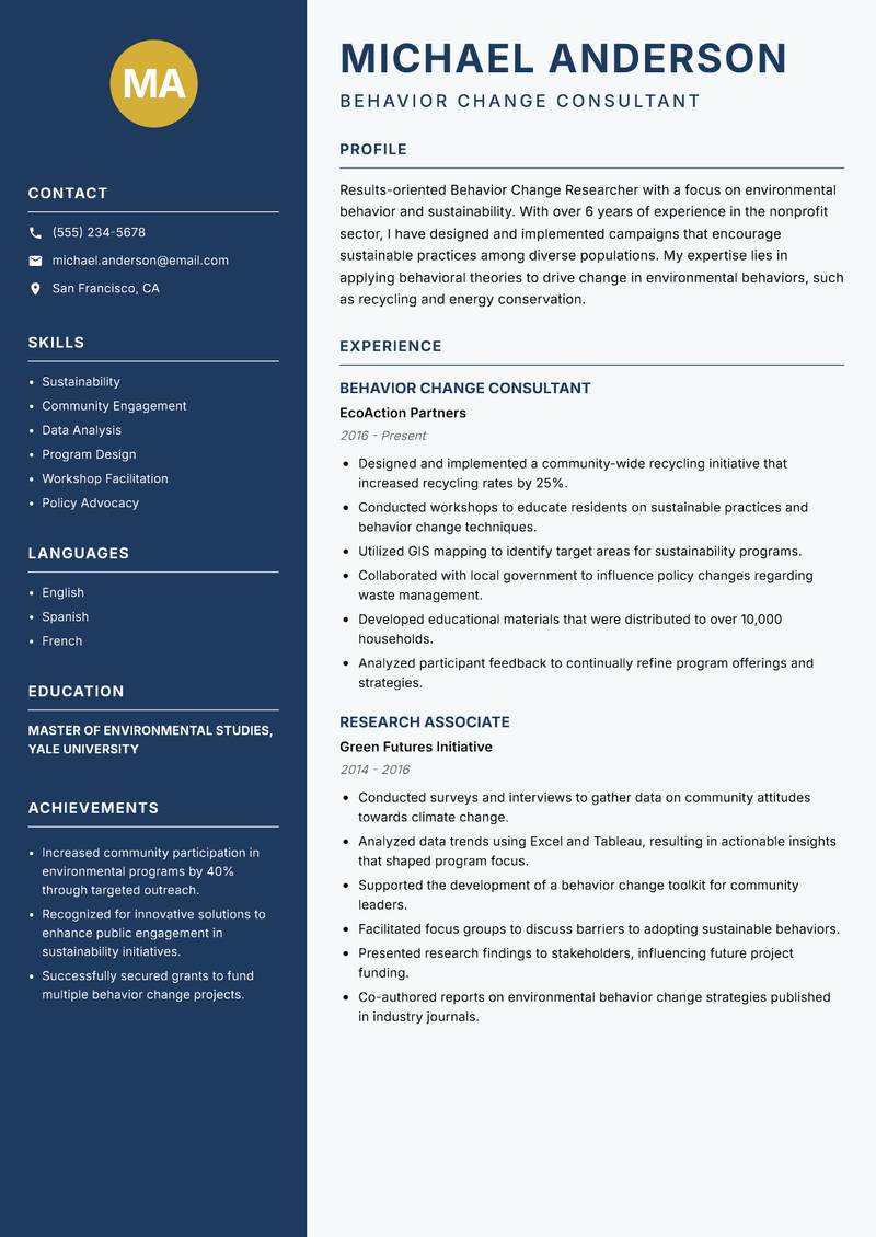 Behavior Change Researcher resume sample — Behavior Change Consultant focus