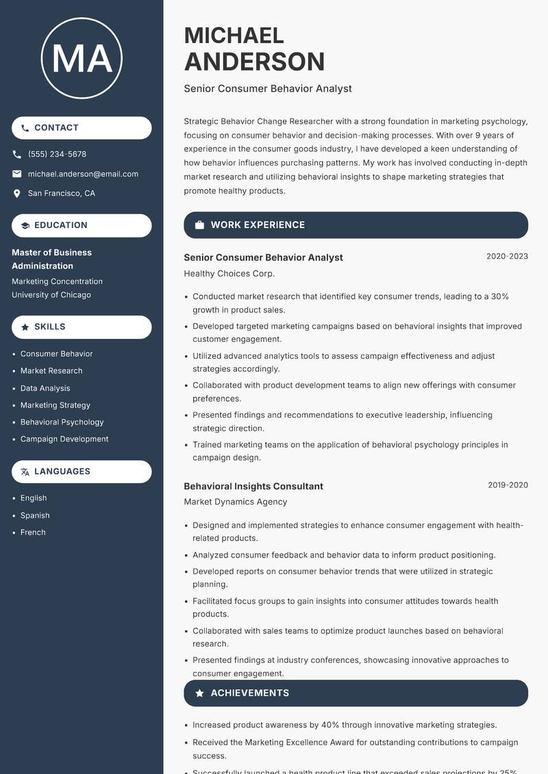 Behavior Change Researcher resume sample — Senior Consumer Behavior Analyst focus