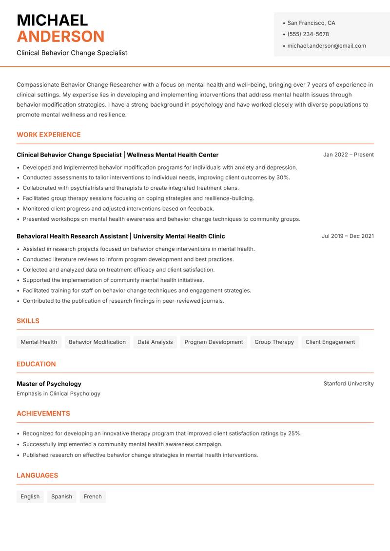 Behavior Change Researcher resume sample — Clinical Behavior Change Specialist focus