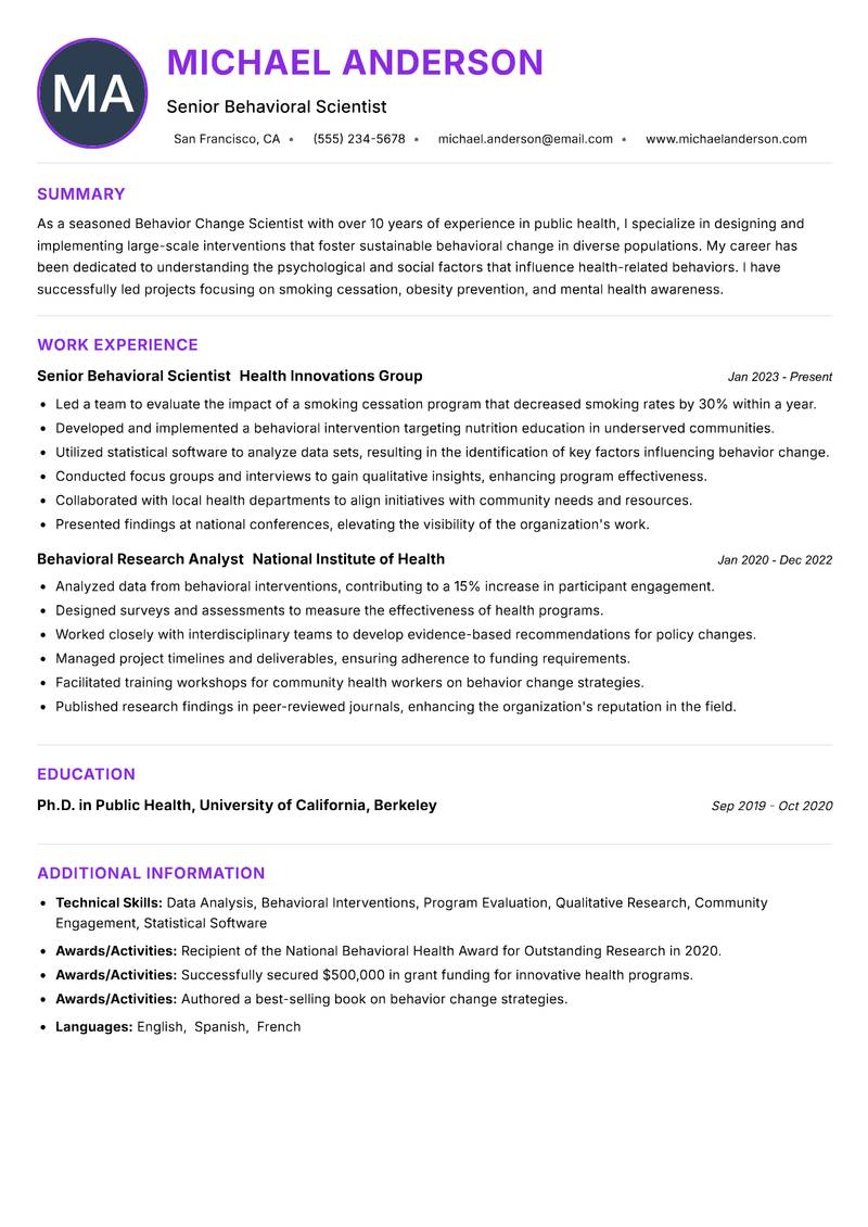 Behavior Change Scientist resume example
