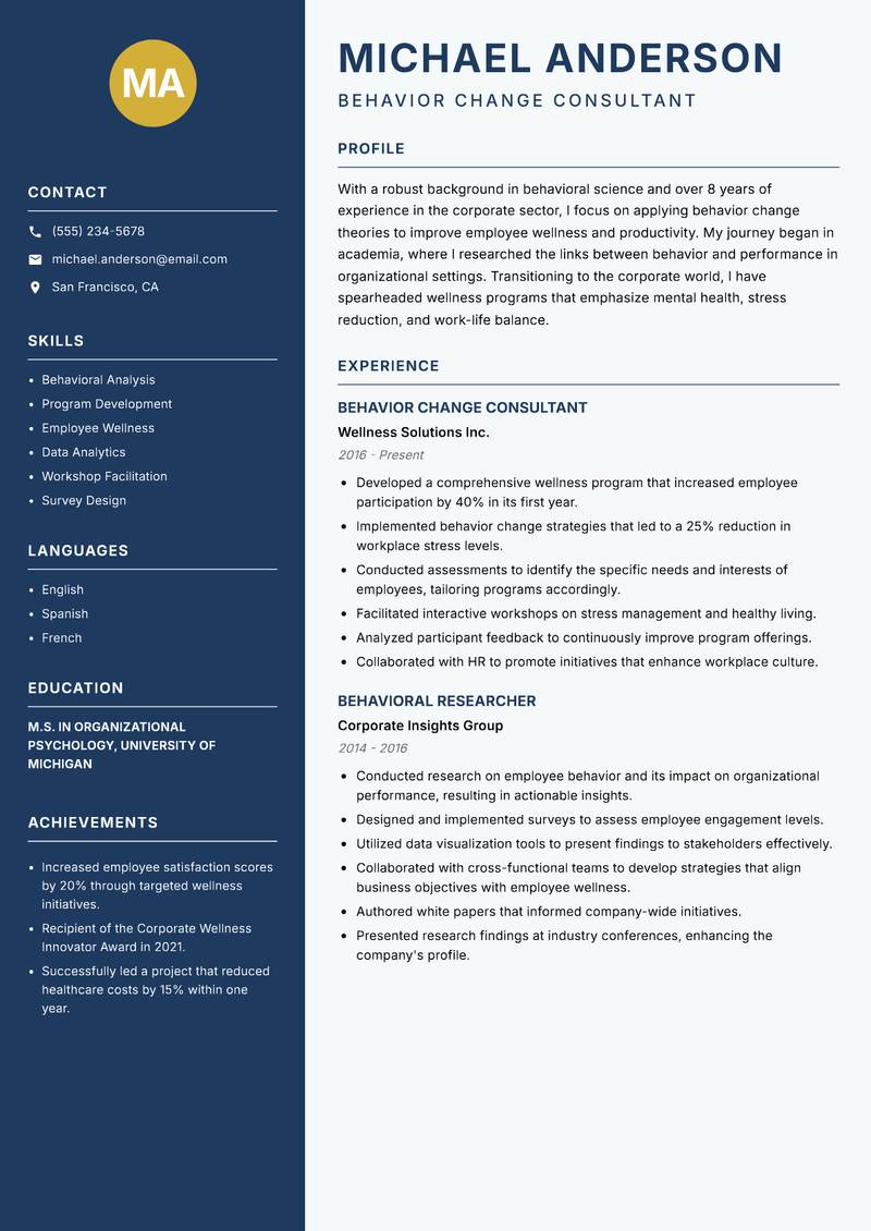 Behavior Change Scientist resume sample — Behavior Change Consultant focus