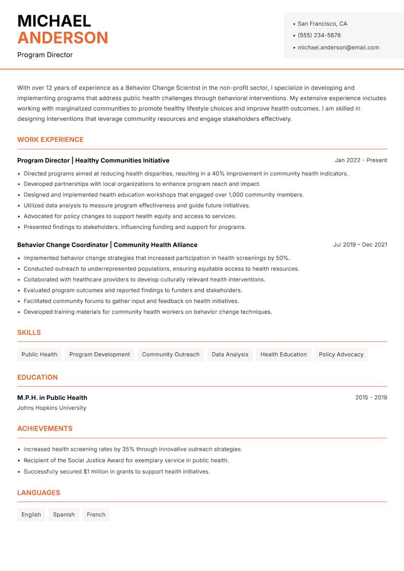 Behavior Change Scientist resume sample — Program Director focus
