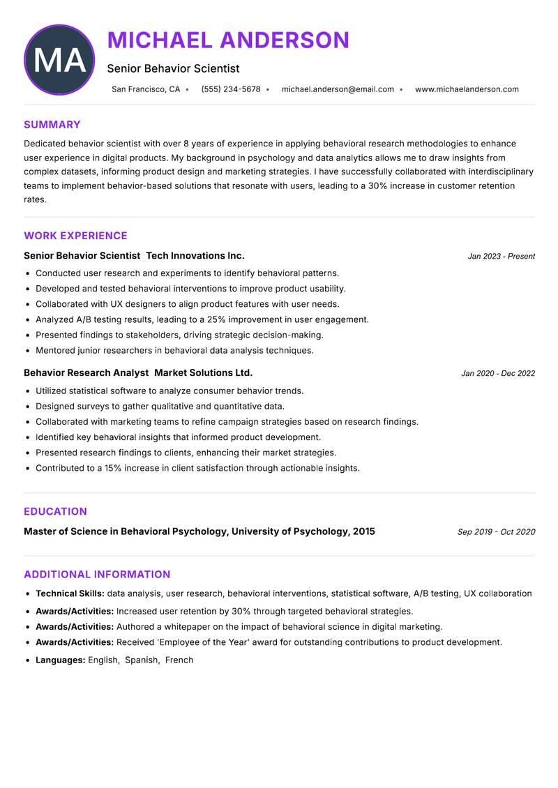 Behavior Scientist resume example