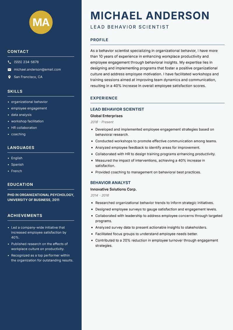Behavior Scientist resume sample — Lead Behavior Scientist focus