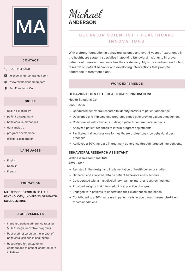 Behavior Scientist resume sample — Behavior Scientist - Healthcare Innovations focus