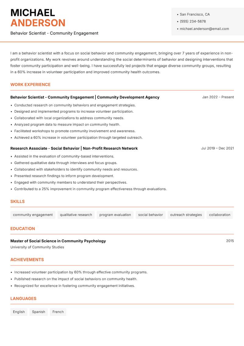 Behavior Scientist resume sample — Behavior Scientist - Community Engagement focus