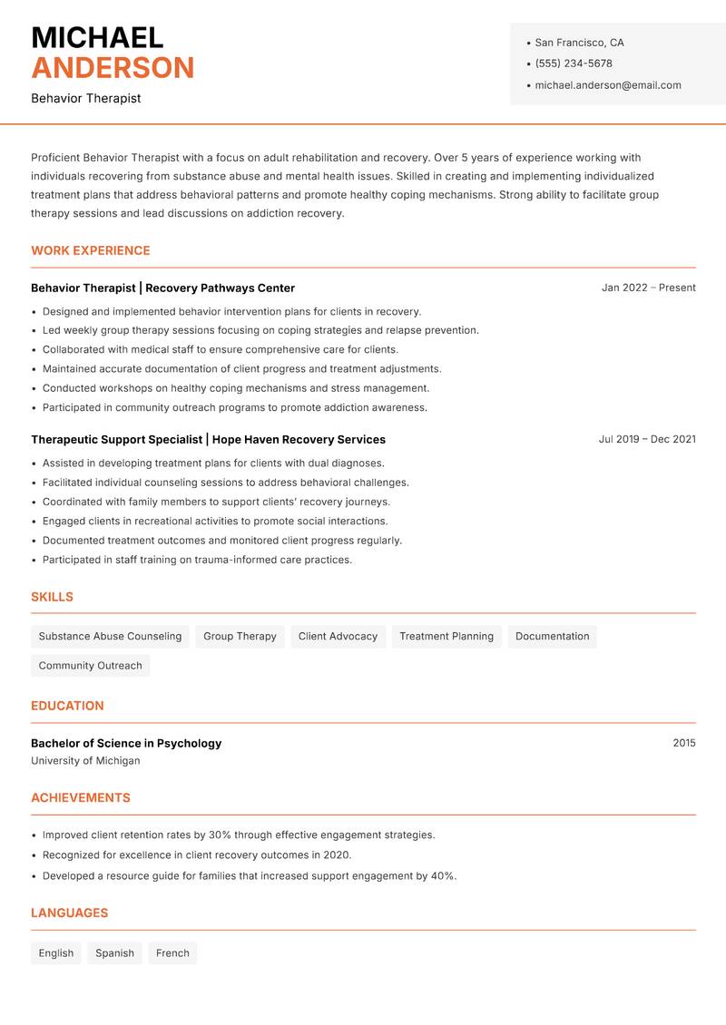 Behavior Therapist resume sample — Behavior Therapist focus