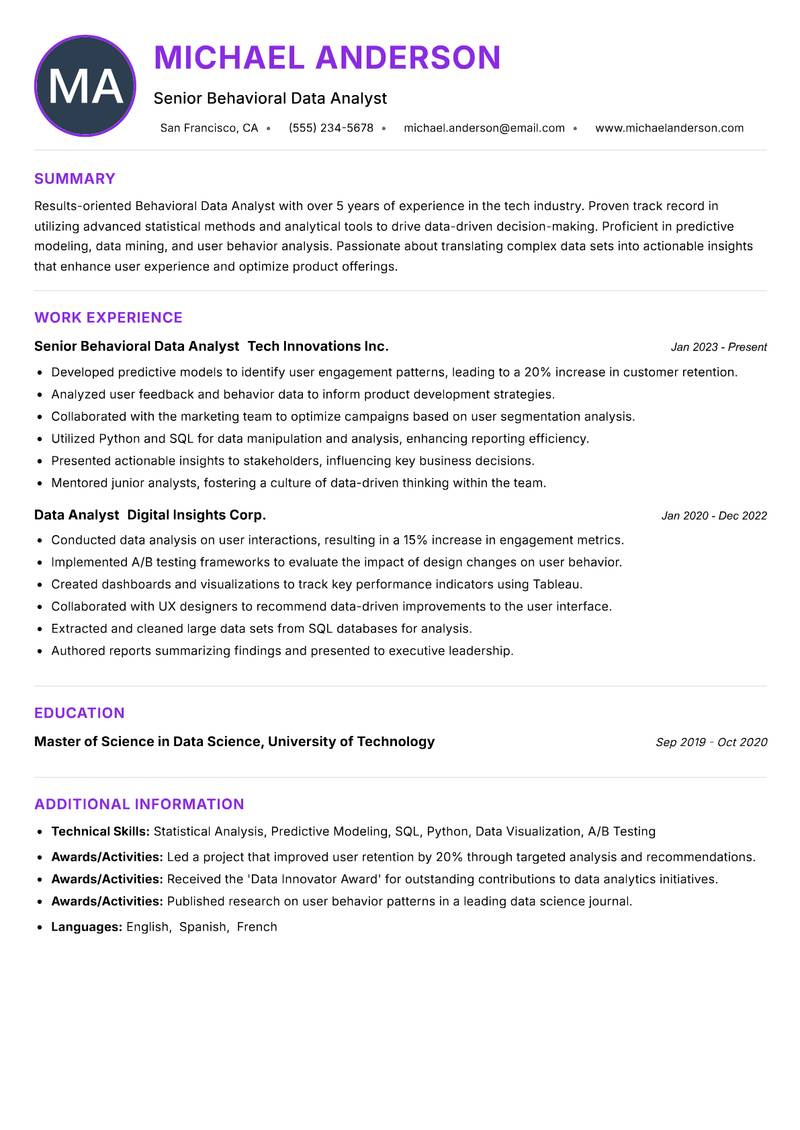 Behavioral Data Analyst resume example