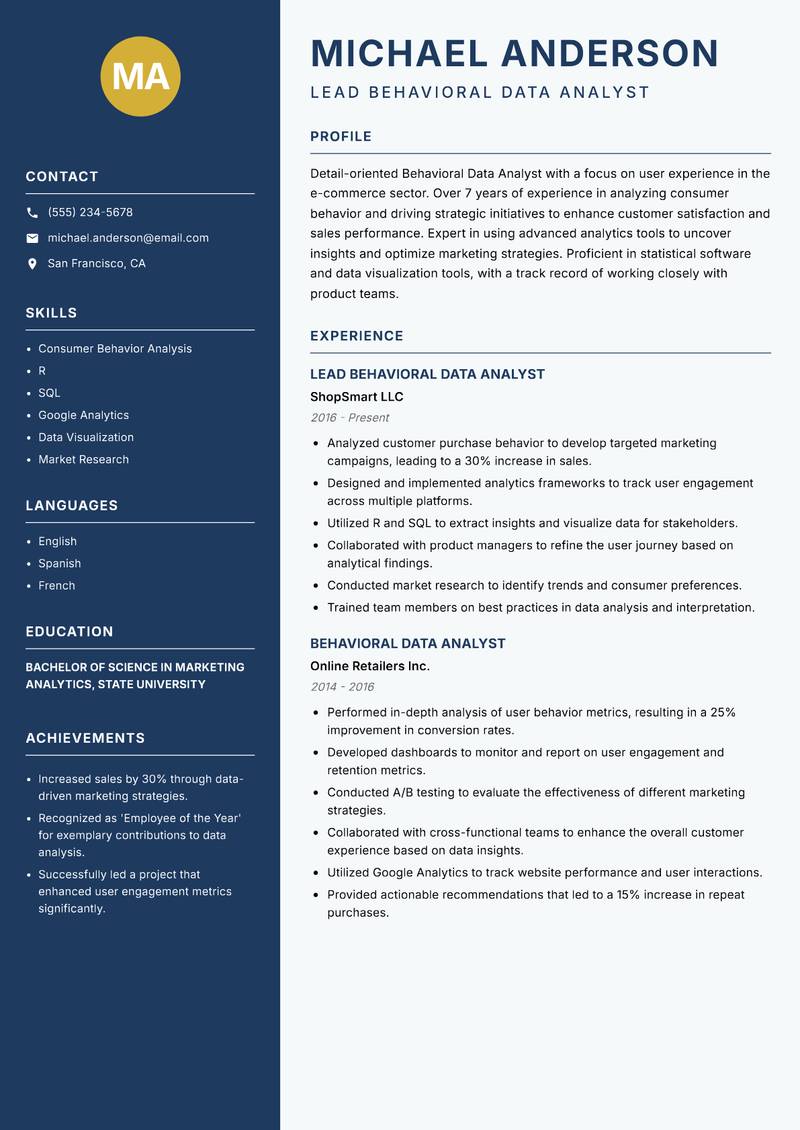 Behavioral Data Analyst resume sample — Lead Behavioral Data Analyst focus