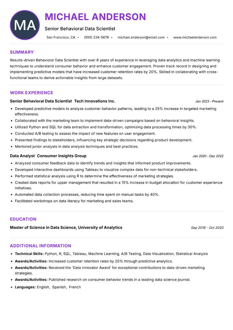 Behavioral Data Scientist resume example