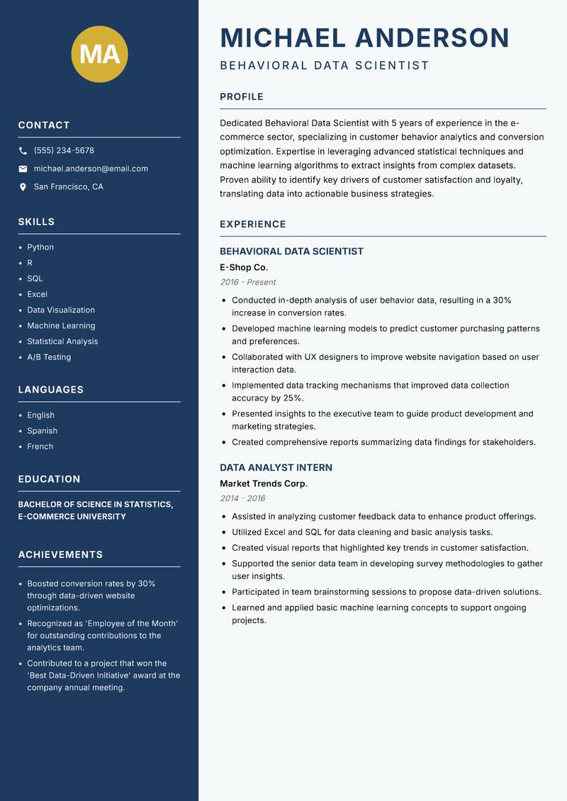 Behavioral Data Scientist resume sample — Behavioral Data Scientist focus