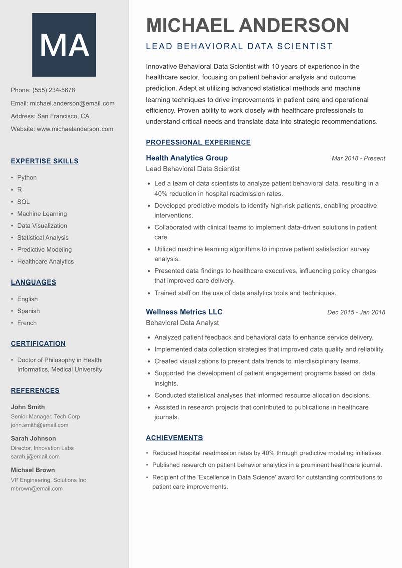 Behavioral Data Scientist resume sample — Lead Behavioral Data Scientist focus