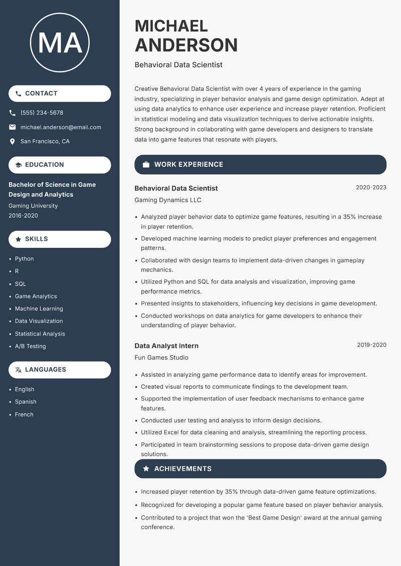 Behavioral Data Scientist resume sample — Behavioral Data Scientist focus