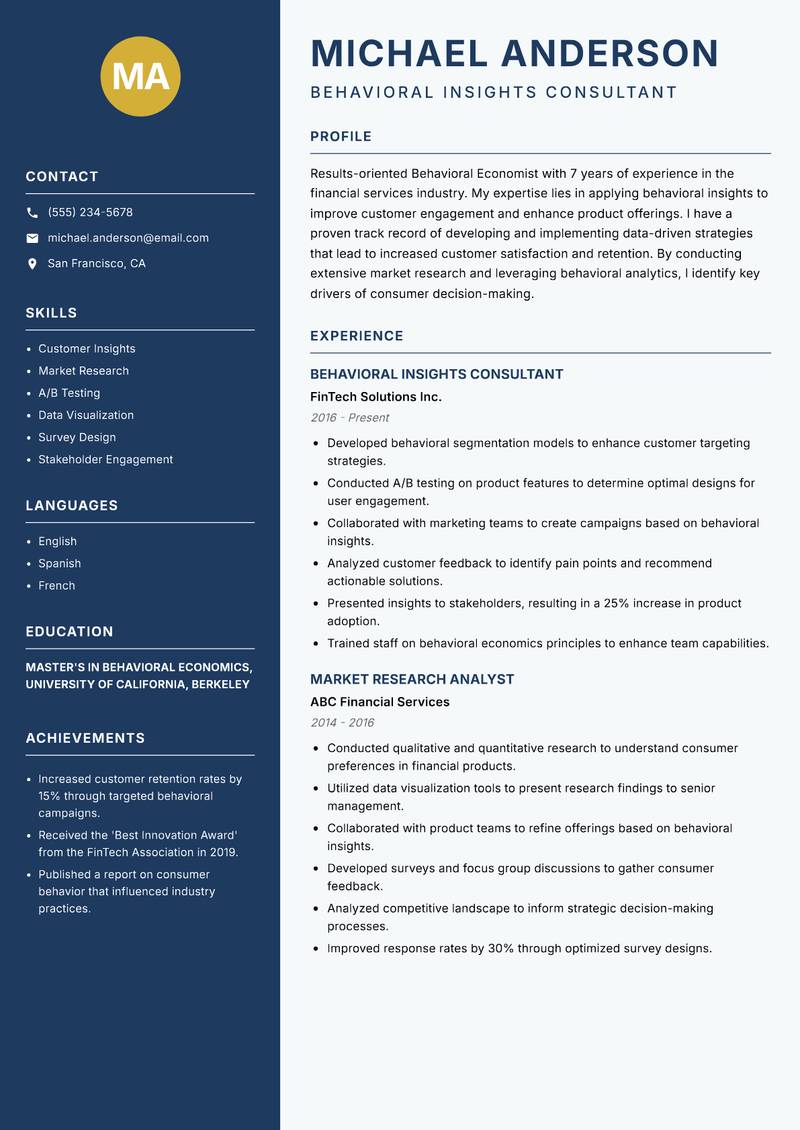 Behavioral Economist resume sample — Behavioral Insights Consultant focus