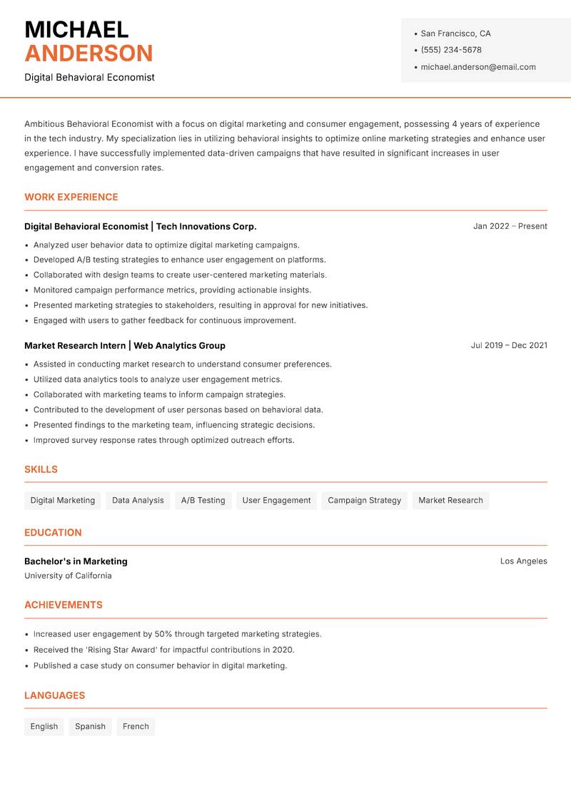 Behavioral Economist resume sample — Digital Behavioral Economist focus