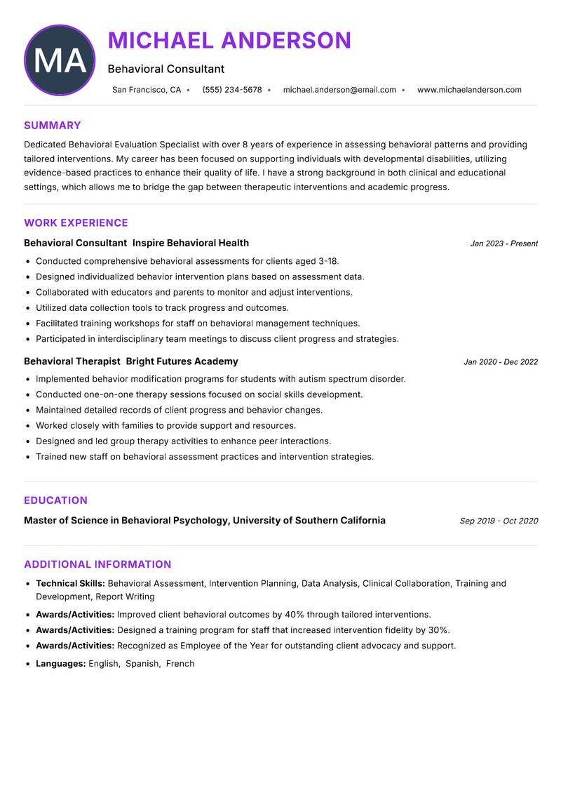 Behavioral Evaluation Specialist resume example