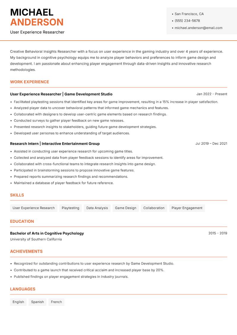 Behavioral Insights Researcher resume sample — User Experience Researcher focus