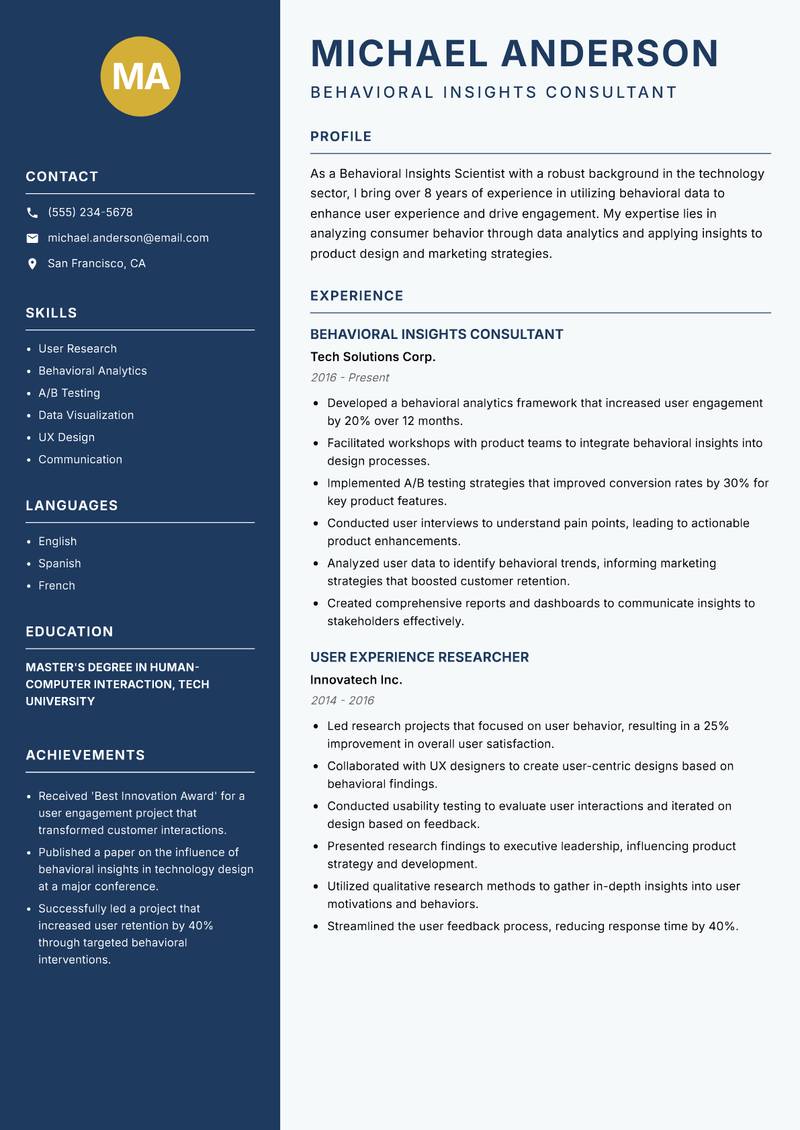 Behavioral Insights Scientist resume sample — Behavioral Insights Consultant focus