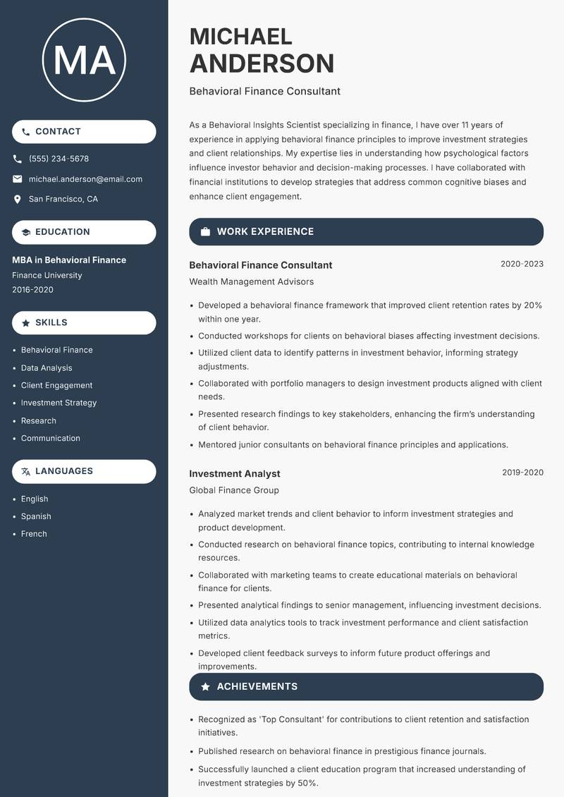 Behavioral Insights Scientist resume sample — Behavioral Finance Consultant focus