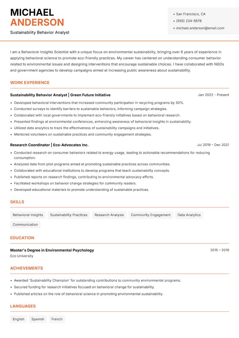 Behavioral Insights Scientist resume sample — Sustainability Behavior Analyst focus