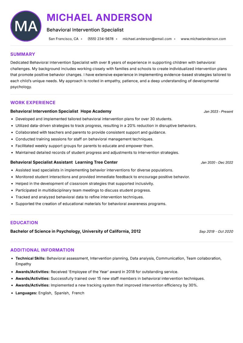 Behavioral Intervention Specialist resume example