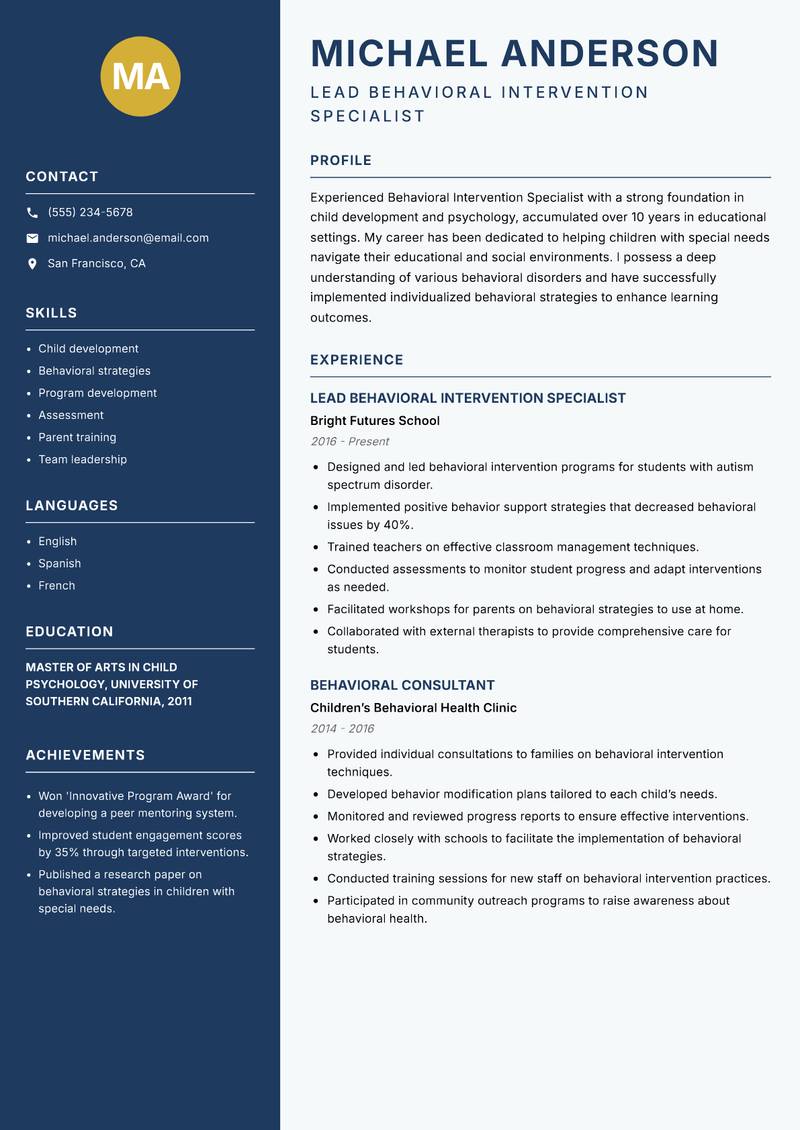 Behavioral Intervention Specialist resume sample — Lead Behavioral Intervention Specialist focus