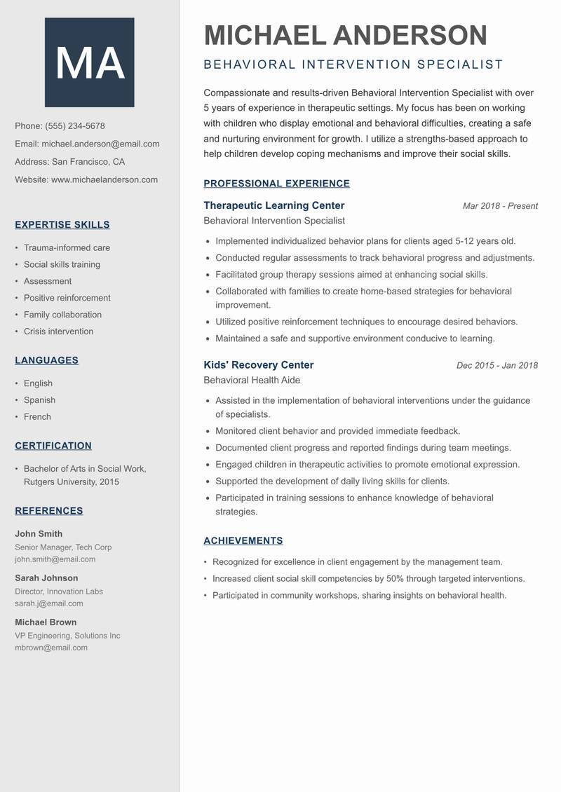 Behavioral Intervention Specialist resume sample — Behavioral Intervention Specialist focus