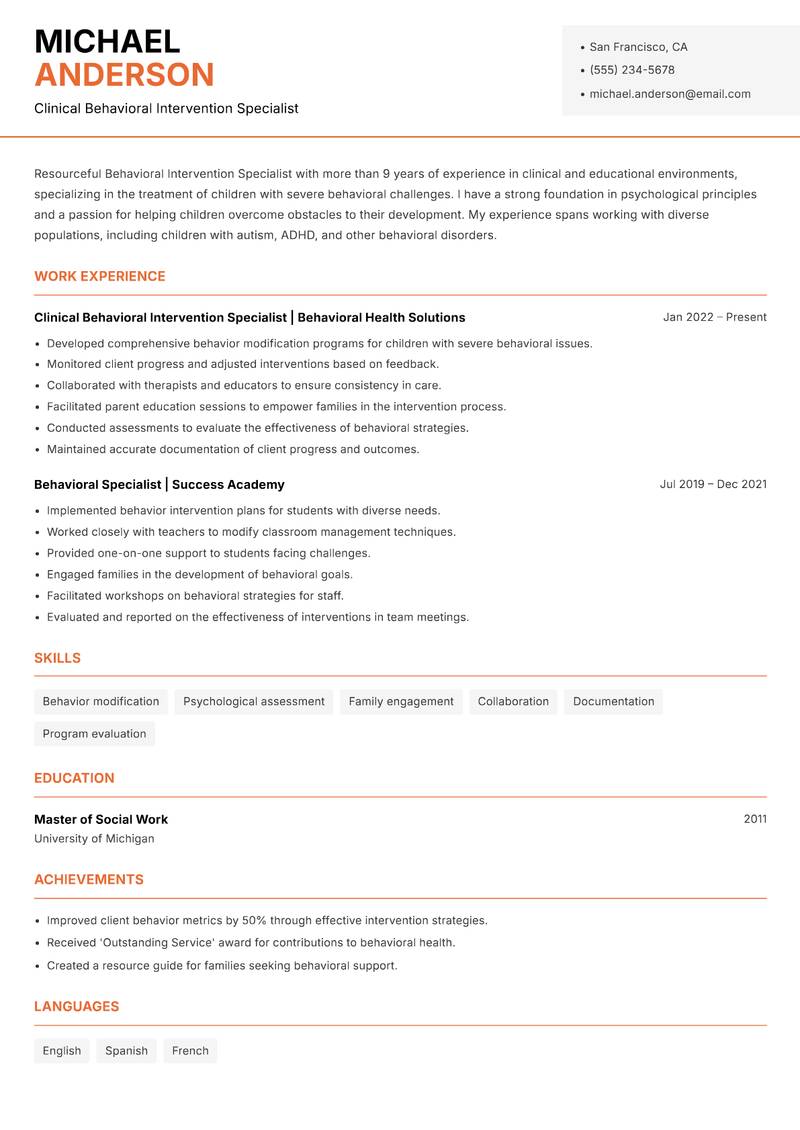 Behavioral Intervention Specialist resume sample — Clinical Behavioral Intervention Specialist focus