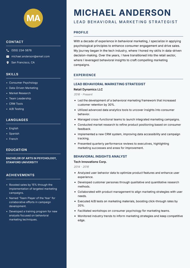 Behavioral Marketing Scientist resume sample — Lead Behavioral Marketing Strategist focus